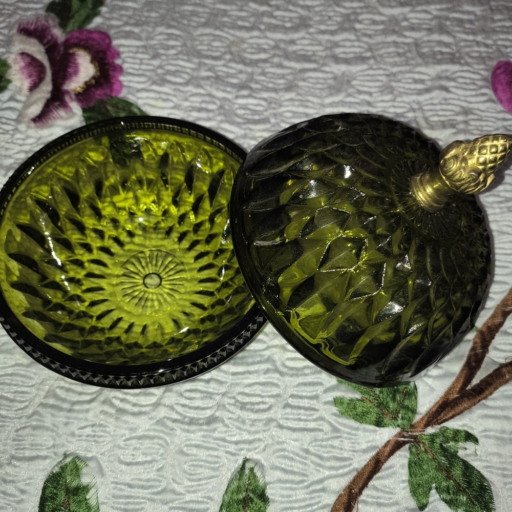 Mid Century Indiana Green Glass Lined Bowl & Lid